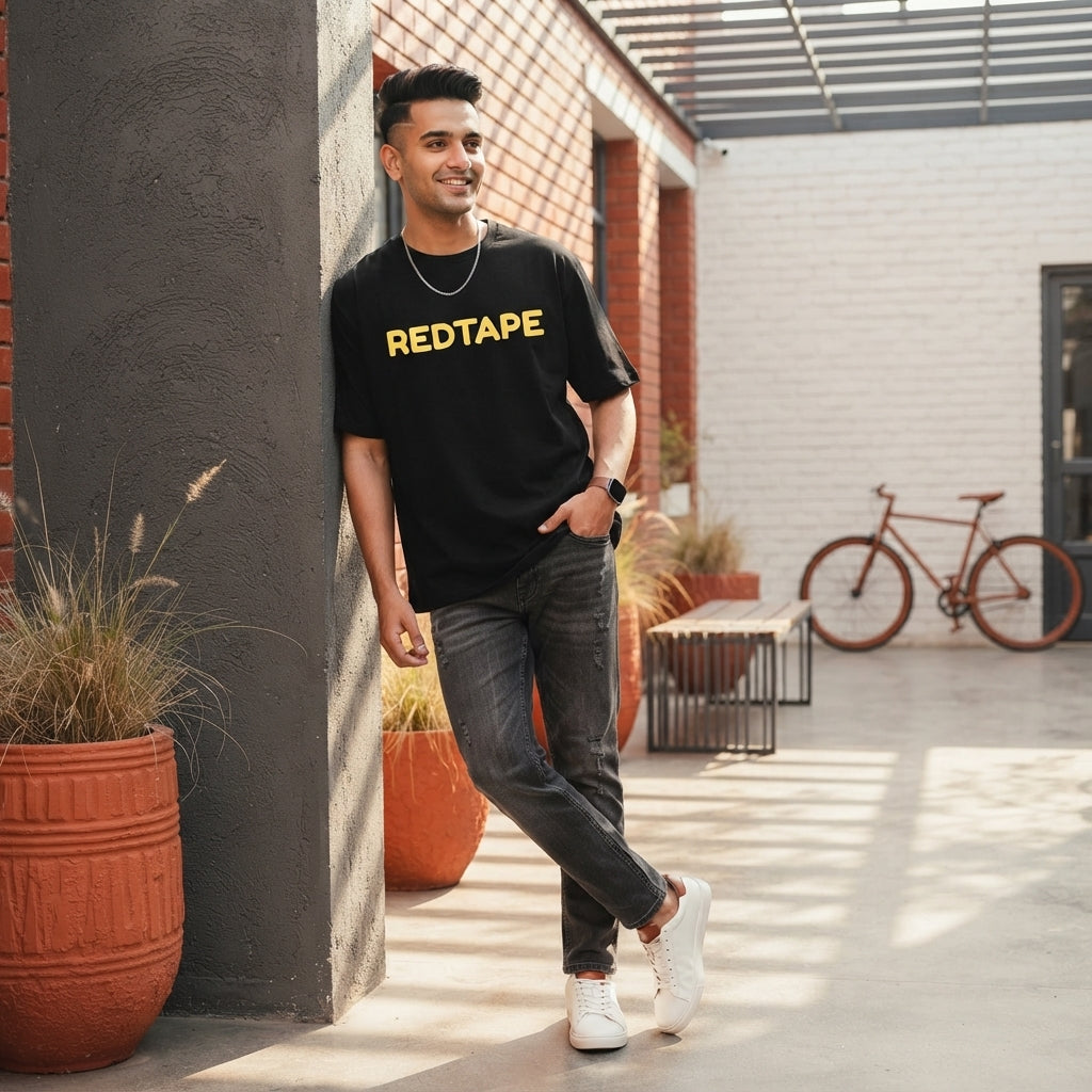 A young Indian man wearing a black oversized REDTAPE t-shirt with a printed logo in an urban setting.