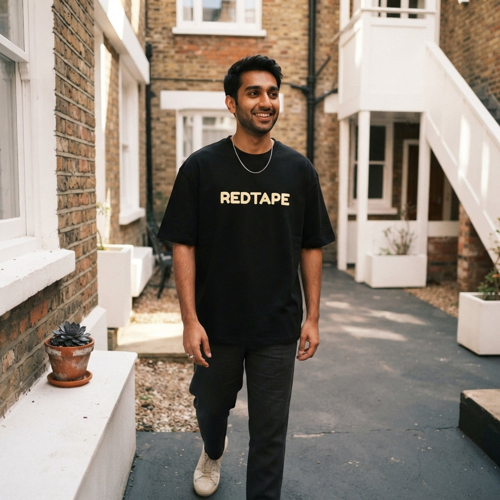 A young South Asian man wearing a black oversized Redtape cotton t-shirt in a sunlit urban setting with brick walls.