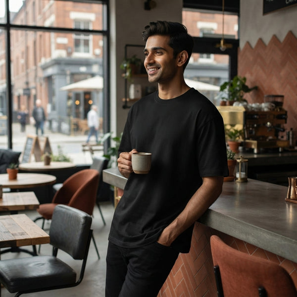 A man in a black oversized t-shirt sitting in a modern urban cafe.